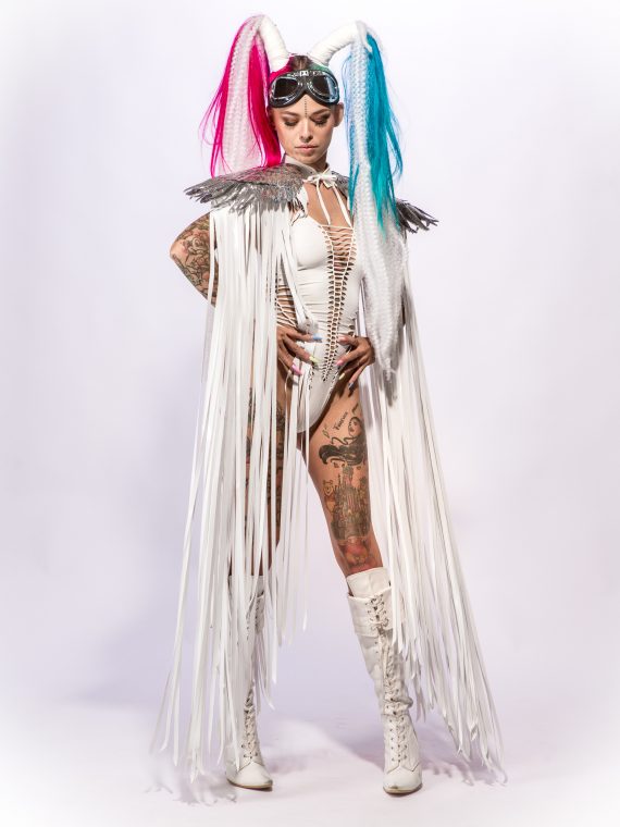 WHITE SHOULDER PIECES with Fringed and angel wings, Festival, Burning Man, White party