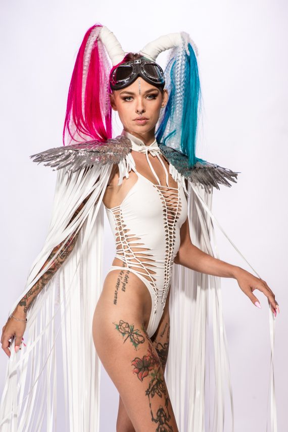 WHITE SHOULDER PIECES with Fringed and angel wings, Festival, Burning Man, White party - Image 3