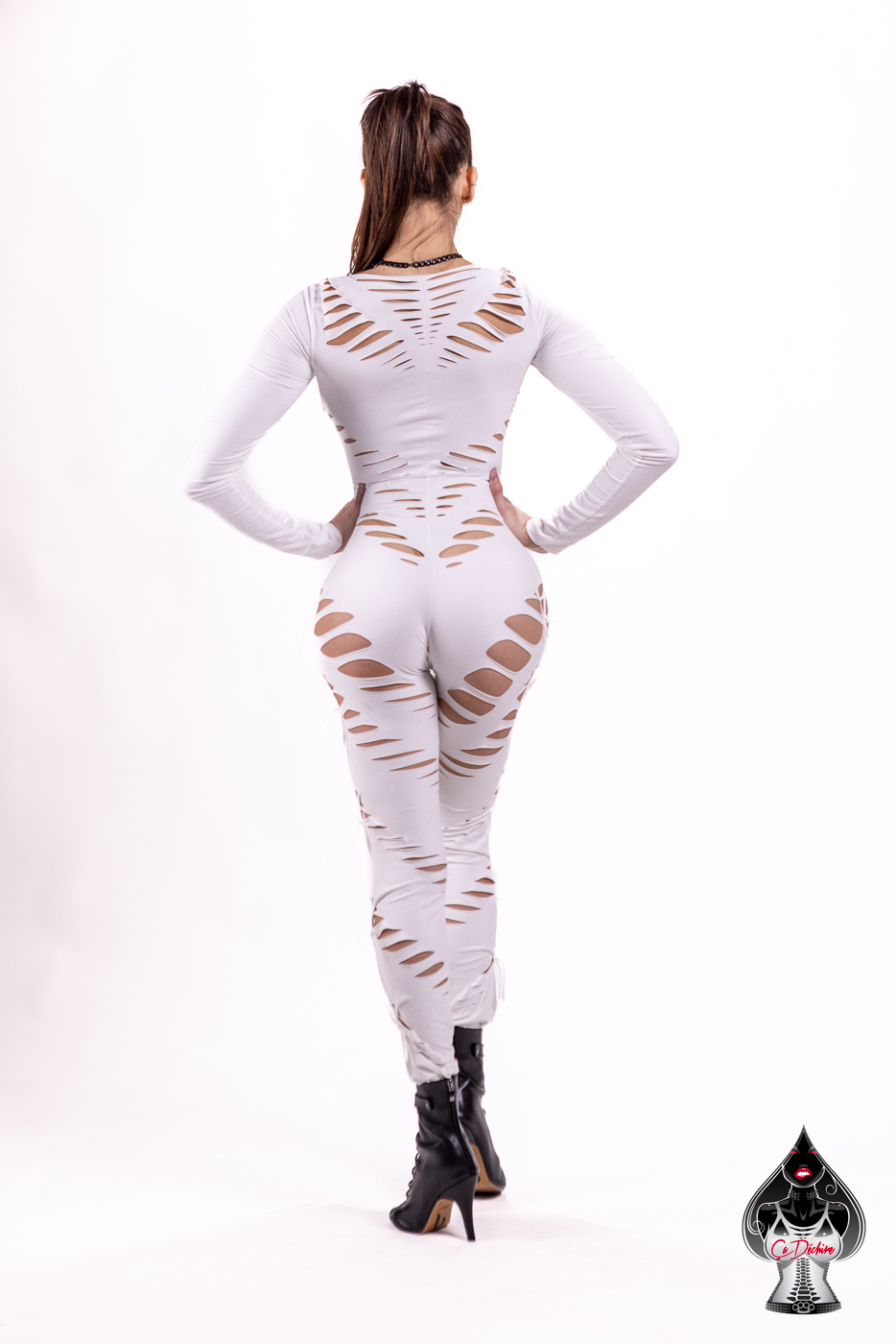 Catsuit White Cat ripped, cut out and braided Festival long sleeves – Image 11